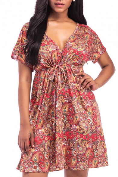 New Trendy Oversize Plunge Neck Short Sleeve Floral Printed Mini A-Line Dress