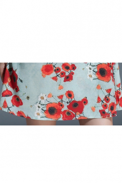 Retro Floral Printed V Neck Short Sleeve Elegant Mini A-Line Dress