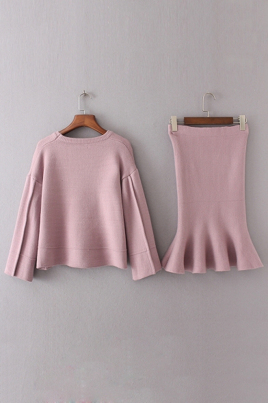 Simple Plain Round Neck Long Sleeve Knit Sweater with Fishtail Midi Bodycon Skirt