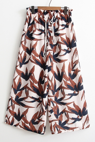 Summer's Chic Leaves Printed Elastic Drawstring Waist Loose Wide Legs Culottes