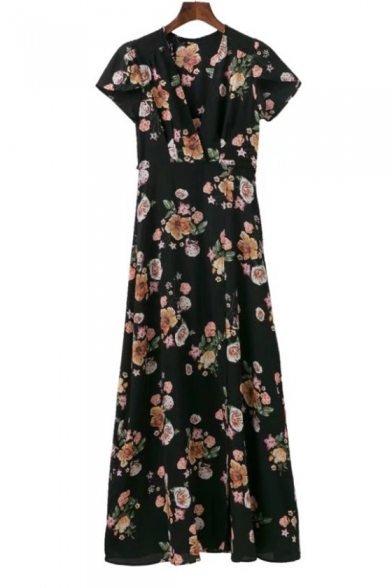Summer's Fashion Floral Printed Plunge Neck Short Sleeve Maxi Beach Dress