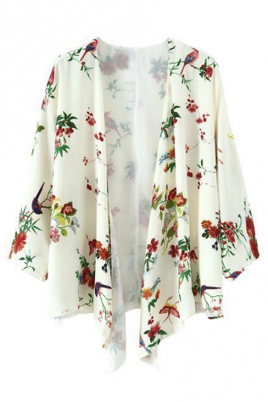 Summer's Floral Pattern Batwing Sleeve Sun Protection Kimono Top