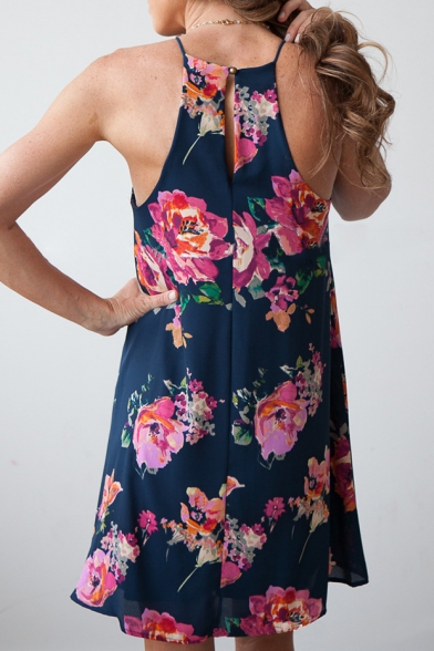 Summer's Floral Printed Spaghetti Straps Sleeveless Midi Swing Slip Dress