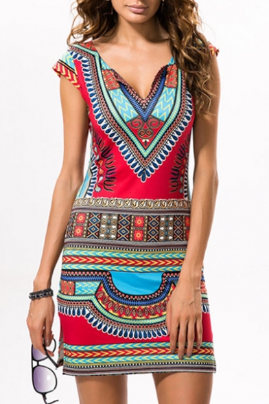 Summer's Tribal Printed Geometric Pattern V Neck Cap Sleeve Mini Pencil Dress