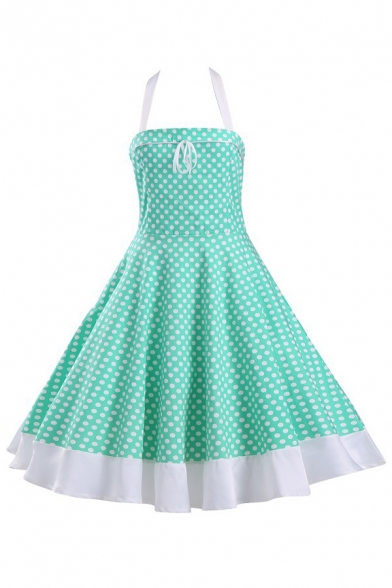 Vintage Polka Dot Pattern Halter Neck Sleeveless Midi Fit Flared Dress