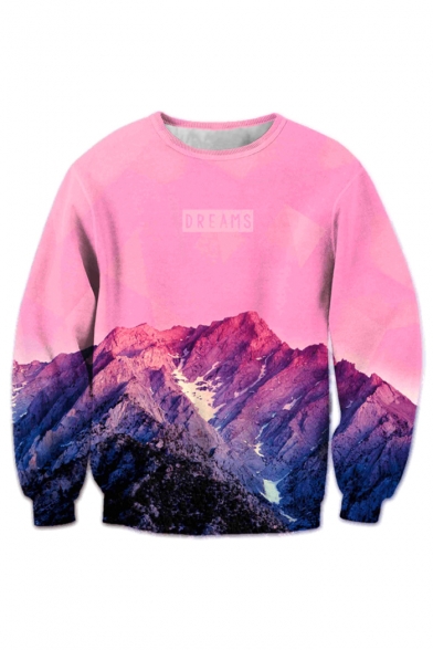 3D Pink Mountain Pattern Round Neck Long Sleeve Fashion Pullover Sweatshirt