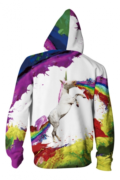 3D Rainbow Horse Printed Unisex Long Sleeve Casual Zip Up Hoodie