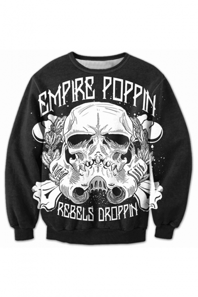 3D Skull Letter Printed Long Sleeve Round Neck Casual Pullover Sweatshirt