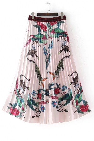 Chic Color Block Animal Printed Zip Back Maxi Pleated Skirt