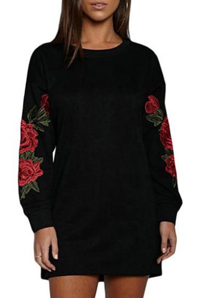 Chic Floral Embroidered Long Sleeve Round Neck Tunic Pullover Sweatshirt