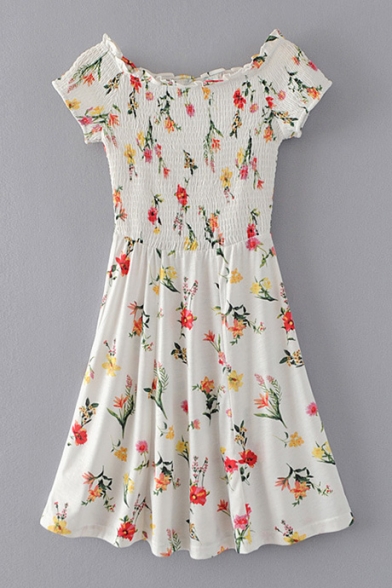 Chic Floral Printed Boat Neck Short Sleeve Mini A-Line Dress