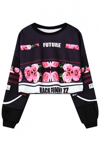 Chic Floral Printed Round Neck Long Sleeve Loose Pullover Cropped Sweatshirt