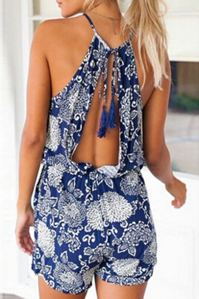 Floral Printed Cut Out Back Halter Neck Holiday Beach Loose Rompers