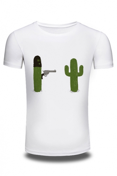 Funny Cartoon Cactus Pattern Cotton Comfort Round Neck Short Sleeve T-Shirt