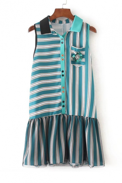 Lapel Collar Sleeveless Buttons Down Striped Printed Ruffle Hem Mini Tank Dress
