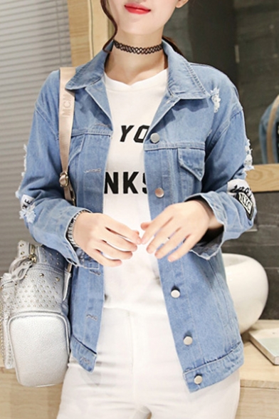 New Fashion Letter Printed Ripped Lapel Collar Long Sleeve Buttons Down Denim Jacket