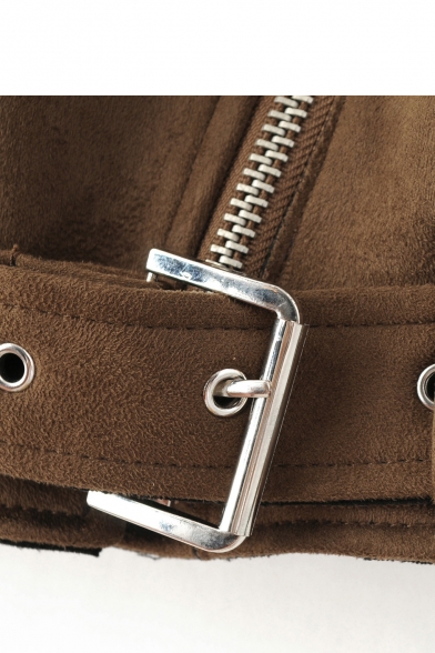 New Fashion Notched Lapel Collar Long Sleeve Zips Design Suede Plain Coat