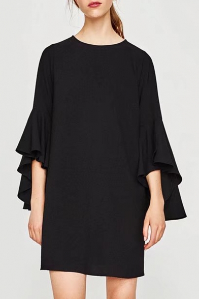 Round Neck Fashion Layered Sleeve Simple Plain Mini Shift T-Shirt Dress