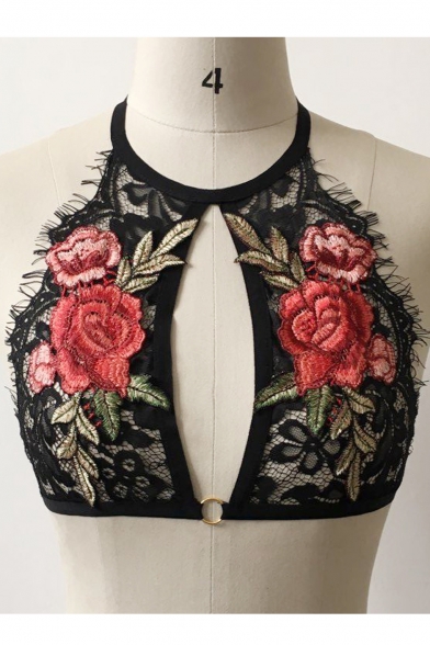 Sexy Hollow Out Chic Floral Embroidered Lace Inserted Halter Neck Backless Bra