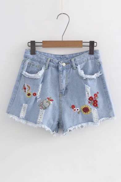 Summer's Floral Embroidered Fashion Ripped Out High Rise Denim Shorts