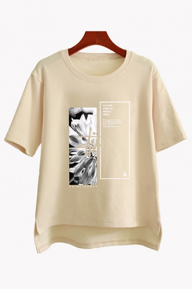 Summer's Floral Letter Printed Basic Round Neck Short Sleeve T-Shirt