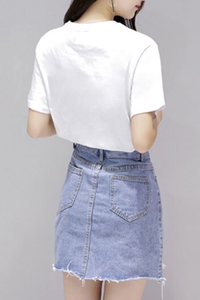 Summer's Pineapple Pattern Round Neck Short Sleeve Tee with Mini Denim Skirt