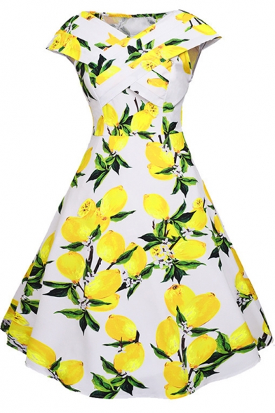 Vintage Summer's V Neck Sleeveless Lemon Printed Midi Flared Dress