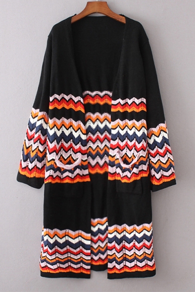 Wave Striped Color Block Long Sleeve Open Front Longline Cardigan