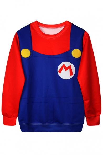 3D Color Block M Letter Printed Long Sleeve Round Neck Pullover Sweatshirt