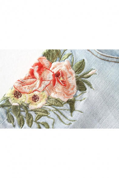 Chic Floral Embroidered High Waist Fringe Hem Denim Shorts