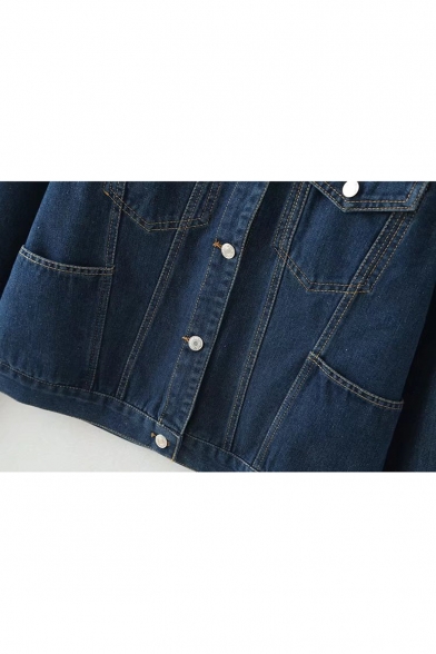 Contrast Stitching Lapel Collar Long Sleeve Buttons Down Denim Jacket