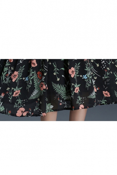 Fashion Floral Printed Plunge Neck Short Sleeve Midi A-Line Dress
