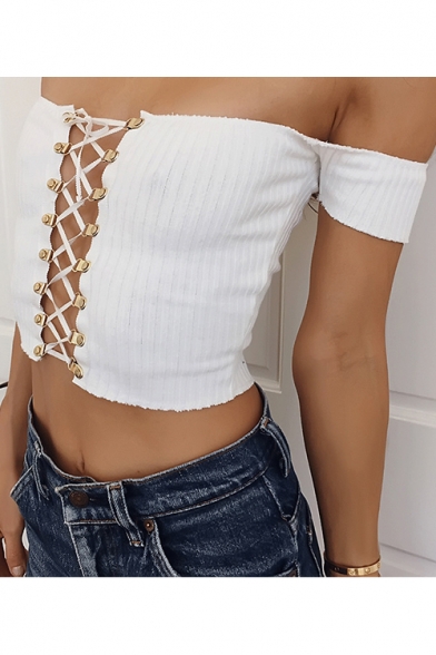 Sexy Hollow Out Lace-Up Off The Shoulder Short Sleeve Plain Cropped Tee