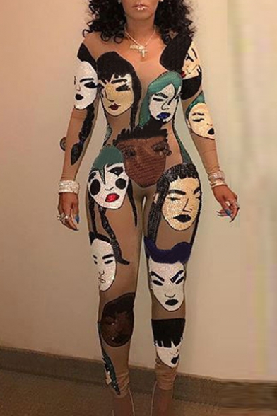 

New Arrival Fashion Sketch Character Printed Round Neck Long Sleeve Skinny Jumpsuits