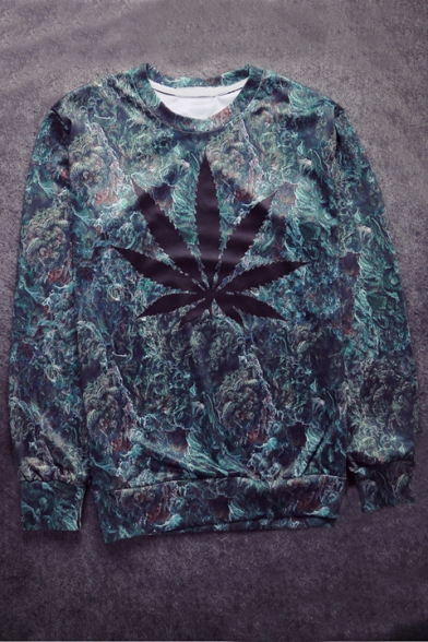 New Arrival Leaf Printed Round Neck Long Sleeve Casual Pullover Sweatshirt