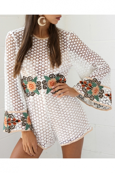 Sexy Lace Hollow Out Open Back Round Neck Long Sleeve Chic Floral Embroidered Rompers