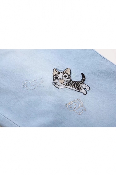 Summer's Lovely Cartoon Cat Embroidered Elastic Drawstring Waist Loose Capris Jeans