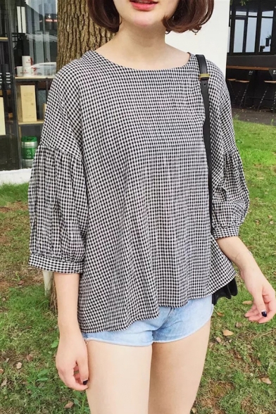 Basic Plaid Pattern Round Neck 3/4 Sleeve Casual Loose Pullover Linen Blouse