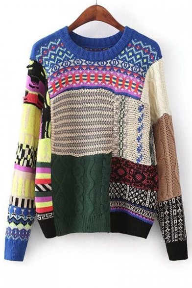 Chic Colorful Color Block Cable Knit Round Neck Long Sleeve Pullover Sweater