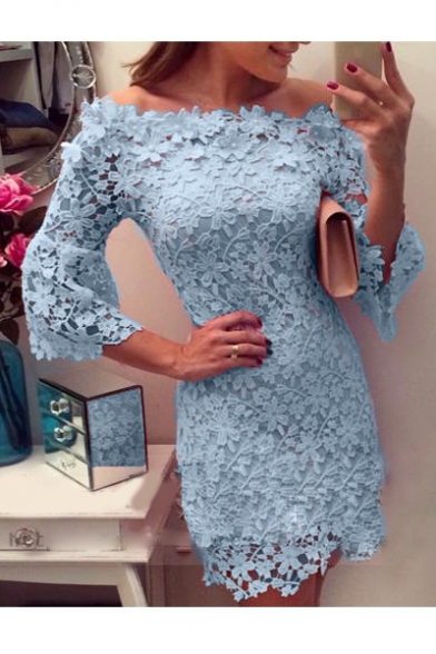 Chic Floral Lace Inserted Boat Neck 3/4 Sleeve Plain Mini Pencil Dress