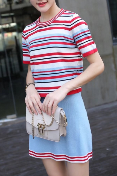 Color Block Striped Print Round Neck Short Sleeve T-Shirt with Mini Skirt