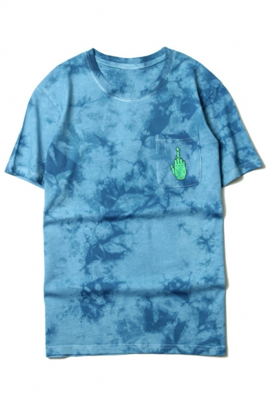 Fingers Printed Pocket Round Neck Short Sleeve Tie Dye Casual T-Shirt