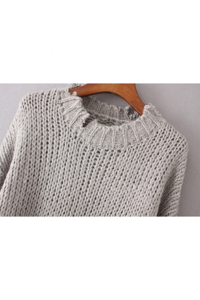 New Arrival Casual Leisure Round Neck Long Sleeve Ripped Trim Pullover Sweater
