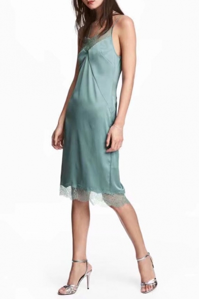 Sexy Lace Inserted Trim Spaghetti Straps Chic Satin Midi Plain Slip Dress