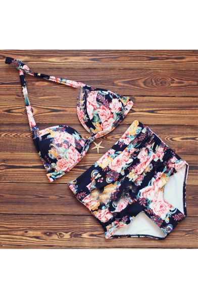Summer's Floral Printed Halter Neck Push Up High Waist Bottom Bikini Swimwear