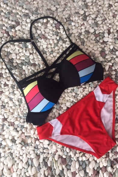 Summer's New Arrival Chic Color Block Halter Neck Bikini Swimwear