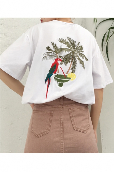 Chic Bird Coconut Palm Embroidered Round Neck Short Sleeve Unisex Loose Tee