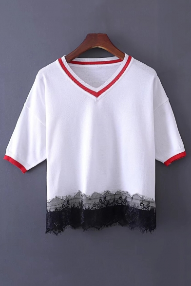 Chic Lace Inserted Trim Contrast V Neck Short Sleeve T-Shirt with Shorts