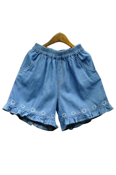 Chic Sweetheart Embroidered Elastic Waist Loose Denim Shorts