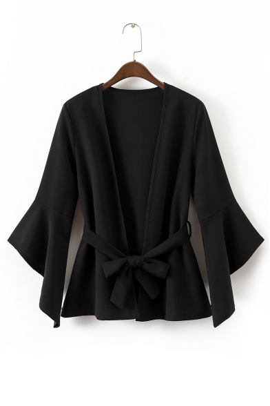 Fashion Flared Long Sleeve Open Front Plain Blazer Coat with Tied Waist